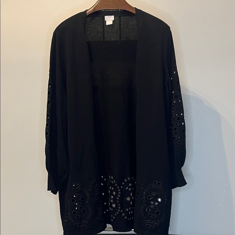 Chico's Black Open-Front Cardigan with Cutout Eyelet Design